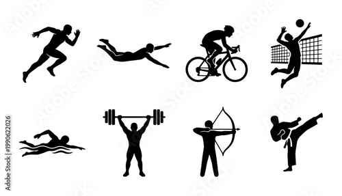 Photos Athletic sports silhouettes collection, set of 8 black vector icons featuring ru