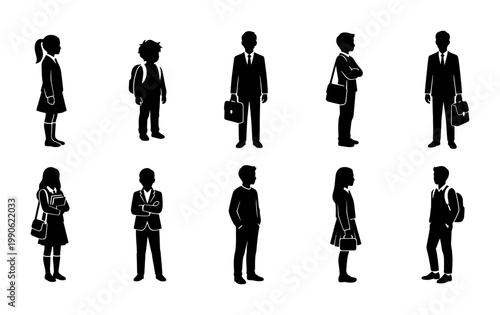 School student silhouettes set, 10 children in uniform with backpacks and bags, black and white vector icons of pupils standing in various poses