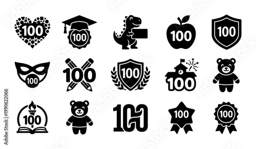 100 Days of School icons set, black vector 100th day celebration badges, school achievement and student reward symbols for education projects