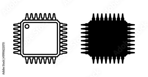 Computer Microchip Processor Outline and Silhouette Icon Set