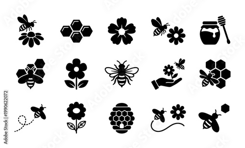 Honey bee icon set, 15 black vector silhouettes of bumblebees and flowers, beekeeping and apiary symbols, organic honey production graphics