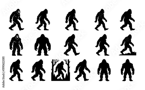 Bigfoot silhouette vector set, mythical sasquatch walking icons, collection of 15 yeti and cryptid character shapes for outdoor adventure and camping