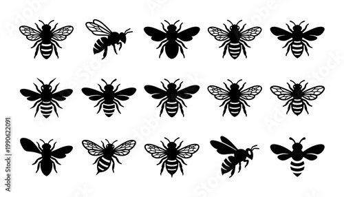 Honey bee silhouette vector icons, set of 15 black bumblebee insect illustrations, minimalist honeybee graphic elements for nature branding