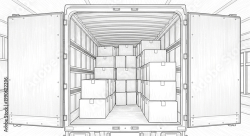 Inside view of a shipping container filled with cardboard boxes.