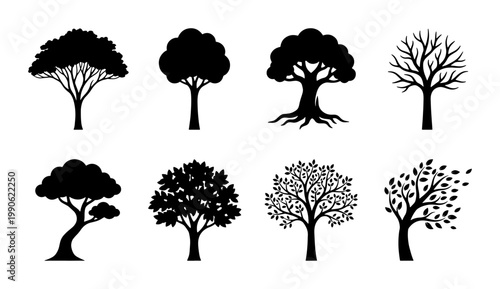 Black tree silhouettes collection, set of 8 vector deciduous and oak tree icons, minimalist nature landscape design elements on white background