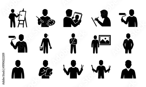 Artist and painter icon set, creative professional silhouettes with painting tools, 15 black vector pictograms for art studio and hobby concepts