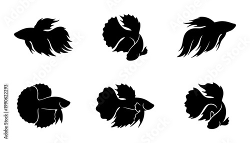 Betta fish silhouette collection, set of 6 black Siamese fighting fish vector icons, elegant aquatic animal shapes for logo design and branding