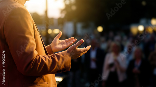 A charismatic leader gestures with open hands while addressing a large outdoor crowd at sunset, conveying a sense of persuasion, spiritual guidance, and collective devotion in a cult setting.