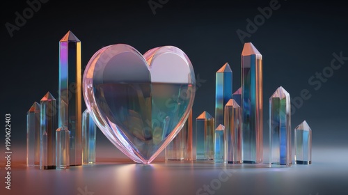 Heart-shaped crystal surrounded by assorted geometric crystals showcasing vibrant colors and reflections in soft lighting
