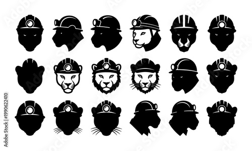Black panther and cougar head icons wearing miner hard hats, set of 18 wild cat construction worker vector silhouettes, predatory animal mascot logos