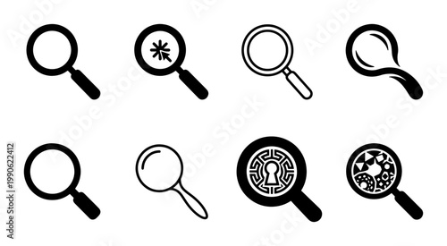 Magnifying glass icon set, black and white search symbols, 8 vector magnifying glass elements for web design, discovery and investigation icons
