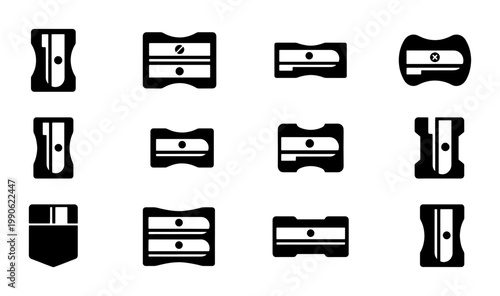 Minimalist pencil sharpener icon set, black and white office stationery vector collection, 12 professional school supply symbols for graphic design