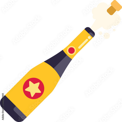 Champagne bottle with star label popping cork and sparkling wine