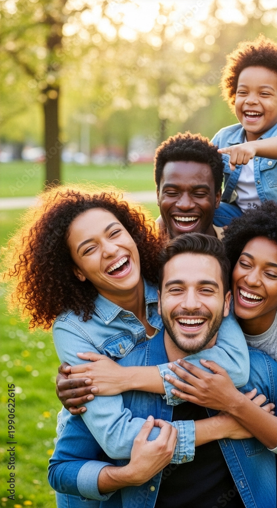 Obraz premium Multiracial Group of Joyful Friends Embracing and Taking Selfie in Sunny Summer Park