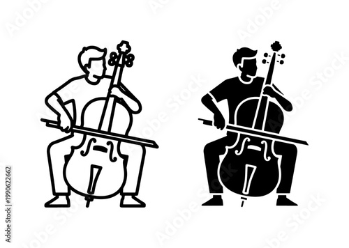 Cello Player Silhouette and Line Art Vector Icon Set