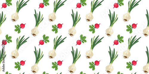 onion and radish seamless pattern on white background