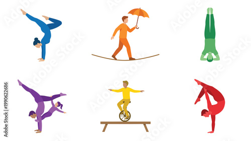 Acrobatic and Balancing Acts Vector Illustration Set with Handstands, Tightrope Walking, Unicycling, and Duo Poses