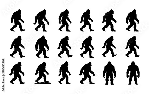 Bigfoot silhouette collection, 18 sasquatch vector icons in various walking poses, mythical yeti creature silhouettes for outdoor adventure and camping graphics