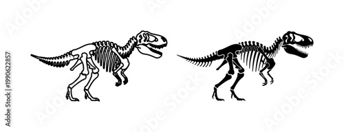 Tyrannosaurus Rex Skeleton Silhouette and Line Art Vector