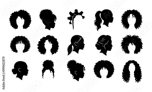 Black woman hair silhouette set, 15 afro hairstyle vector icons, natural curly hair profiles and feminine head shapes for beauty branding