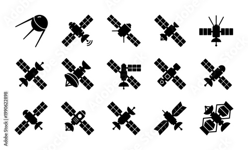 Satellite icon set with 15 black vector silhouettes, space communication technology symbols, orbital spacecraft and telecommunication equipment graphics