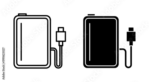 Portable Power Bank Icon Set with USB Cable
