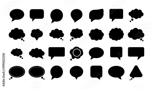 Black speech bubble silhouettes, 28 comic thought bubbles and chat icons, minimalist communication vector set for social media and web design