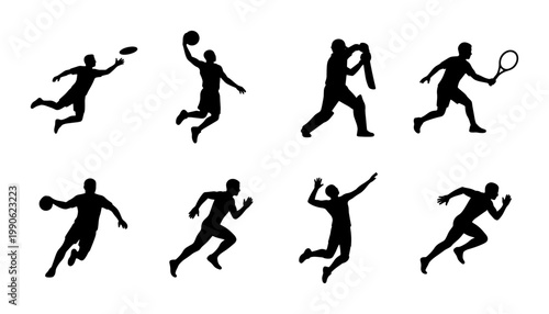 Athletic sports silhouettes set, 8 vector icons of people playing basketball tennis and volleyball, black male athlete figures running and jumping