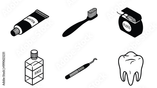 Isometric Dental Hygiene and Care Icons Set: Toothpaste, Brush, Floss, Mouthwash, Tool, and Tooth