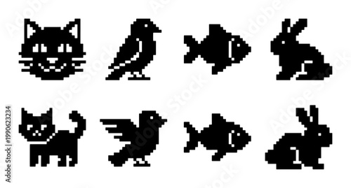 Pixel art pet icons set, 8-bit retro animal silhouettes, black and white game assets featuring cat, bird, fish, and rabbit vector illustrations