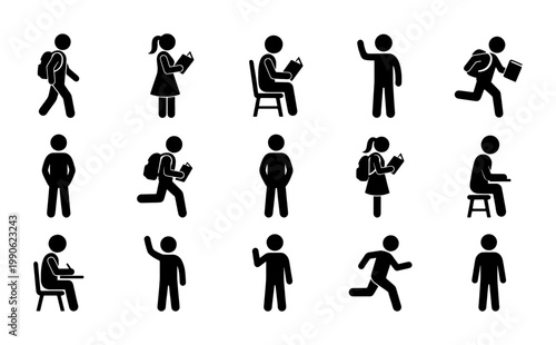 Student stick figure icons set, 15 school children silhouettes, pupils reading and walking with backpacks, education vector graphics
