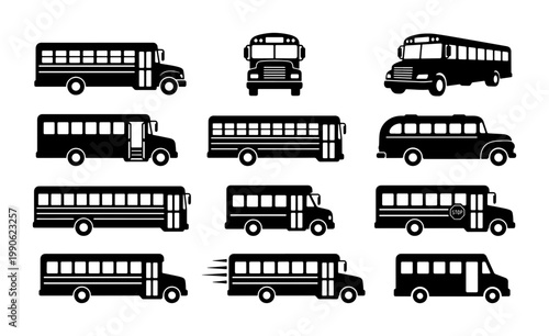 School bus icon set, black silhouette of 12 school bus vectors, student transportation vehicle collection, education transit symbols for graphic design