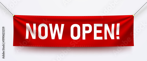 Red banner with the text Now Open hanging on a white background, perfect for retail store announcement. Vector illustration