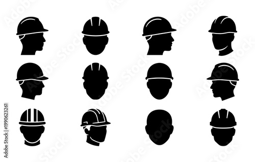 Construction hard hat icons set, industrial safety helmet vector silhouettes, 12 worker head protection symbols for building and engineering sites