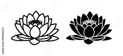 Lotus flower black outline and solid silhouette icons