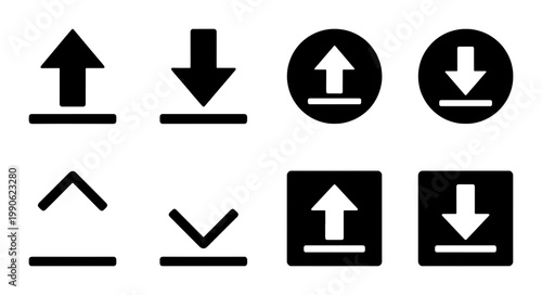 Minimalist upload and download arrow icon set, black flat vector symbols for data transfer, 8 interface elements for web and mobile apps