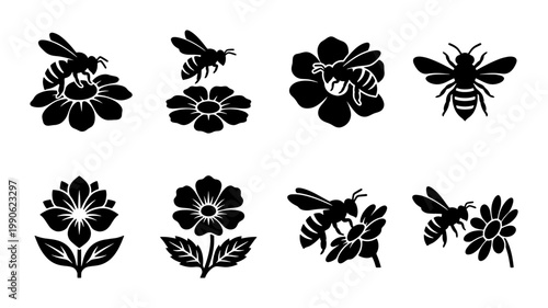 Honey bee silhouette icon set, 8 black bumblebee and flower vector elements, honeybee pollinating garden blossoms, minimalist insect and floral graphics