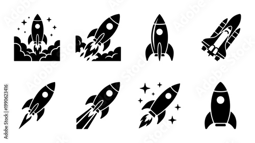 Rocket ship icon set, black space shuttle silhouettes, 8 vector spacecraft launch symbols, minimalist rocket ship graphic elements for business startup