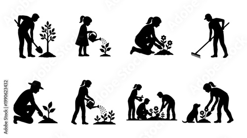 Gardening silhouette icons set, people planting trees and flowers vector, black garden work figures, hobby and agriculture collection