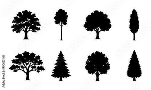Black tree silhouettes set, 8 deciduous and coniferous tree icons, forest plant vector collection for landscape design and architectural mapping
