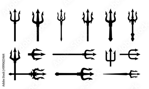 Black trident silhouette icons set, ancient greek mythology neptune spear collection, 12 nautical weapon vector elements for logo design