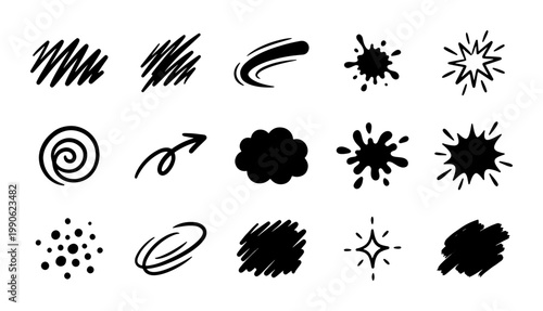 Hand drawn doodle element set, 15 black ink brush strokes and comic symbols, decorative scribble and splash vector icons for graphic design