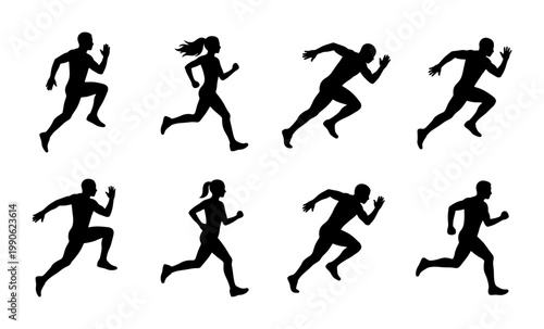 Running silhouette set of 8 male and female athletes, sprinting people icons in black vector format, jogging and marathon runner collection for sports design