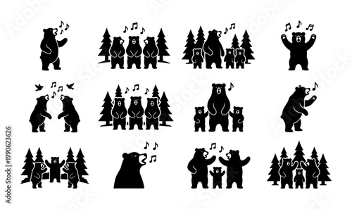 Black silhouette singing bear icons, set of 12 musical forest animal vectors, grizzly bear choir with music notes and pine trees, wild animal silhouettes