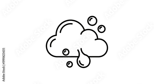 A line art icon of a fluffy cloud with several small bubbles and one large drip