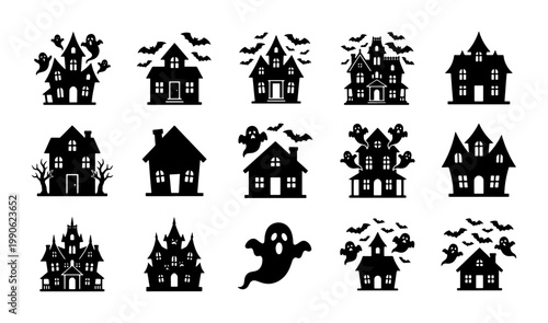 Halloween haunted house silhouettes, set of 15 spooky mansion icons with ghosts and bats, black vector gothic architecture for holiday decor