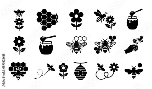 Honey bee icon set, black silhouette bumblebee and honeycomb vector elements, 15 organic apiary and beekeeping symbols for nature branding