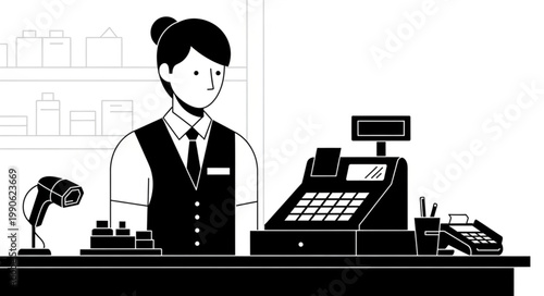 Cashier Working at Checkout Counter with Scanner and Register.