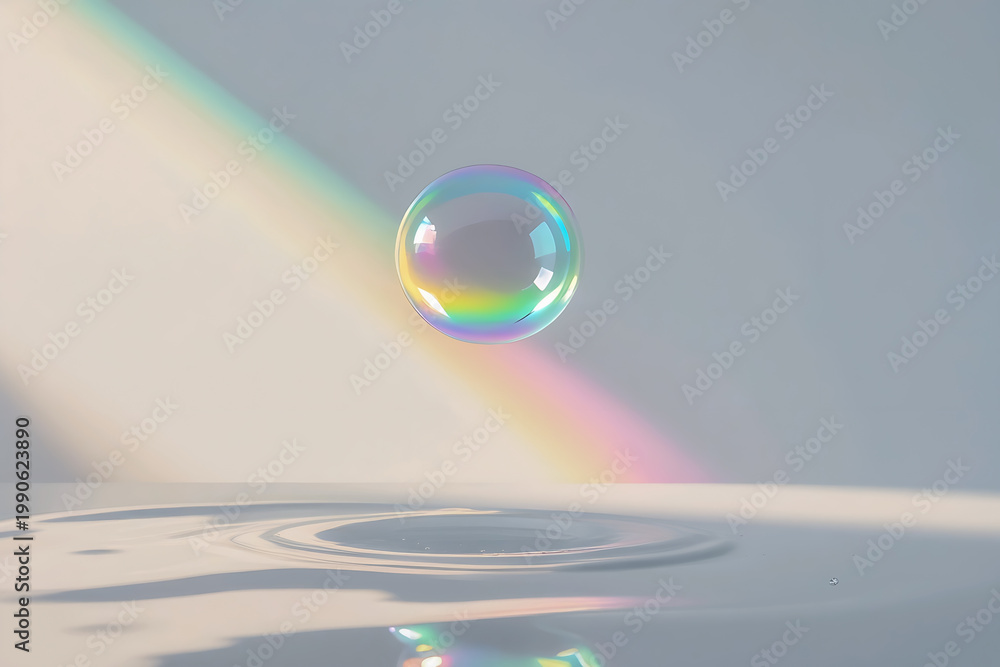 Naklejka premium Single floating soap bubble with soft reflection representing cleanliness, freshness, and light minimal concept.