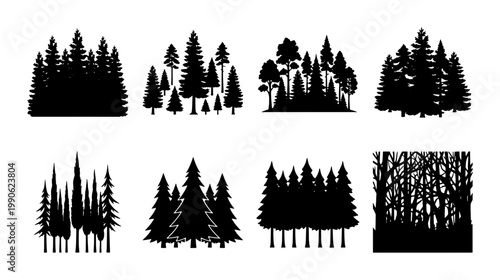 Pine forest silhouettes vector set, evergreen tree forest collection, black coniferous woodland landscape elements, 8 nature forest icons
